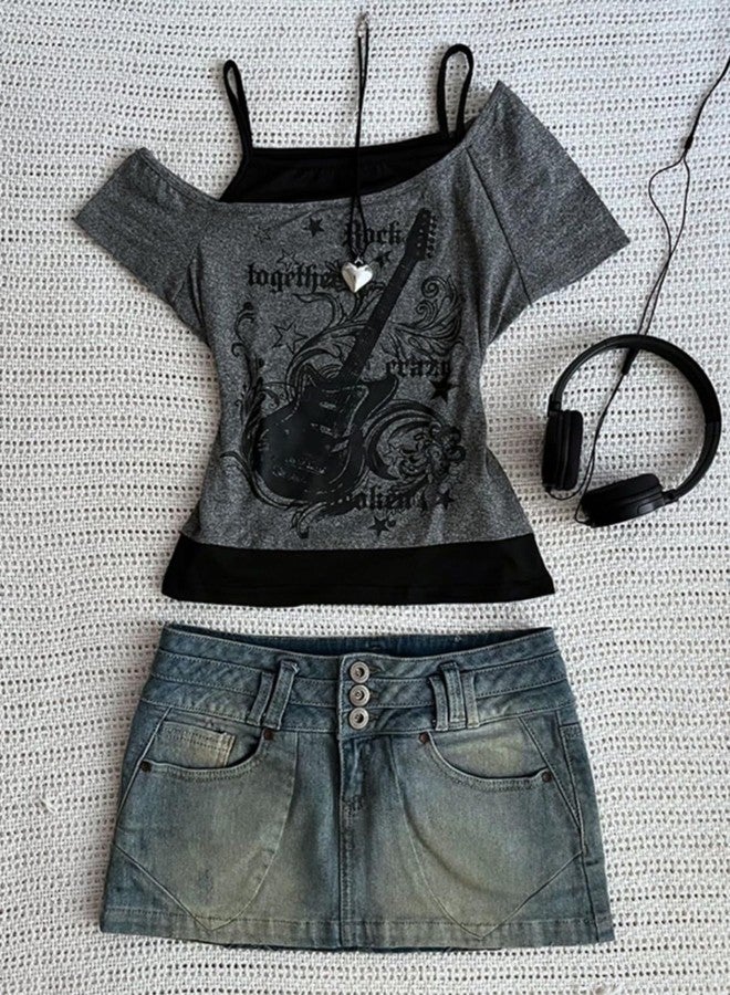 MANGMAO Emo Grunge Shirts Women 2000s Graphic Baby Tees Fake Two Piece Short Sleeve Vintage Y2k Crop Top Goth Alt Clothes (Grey Black,L,Large) - Image 2